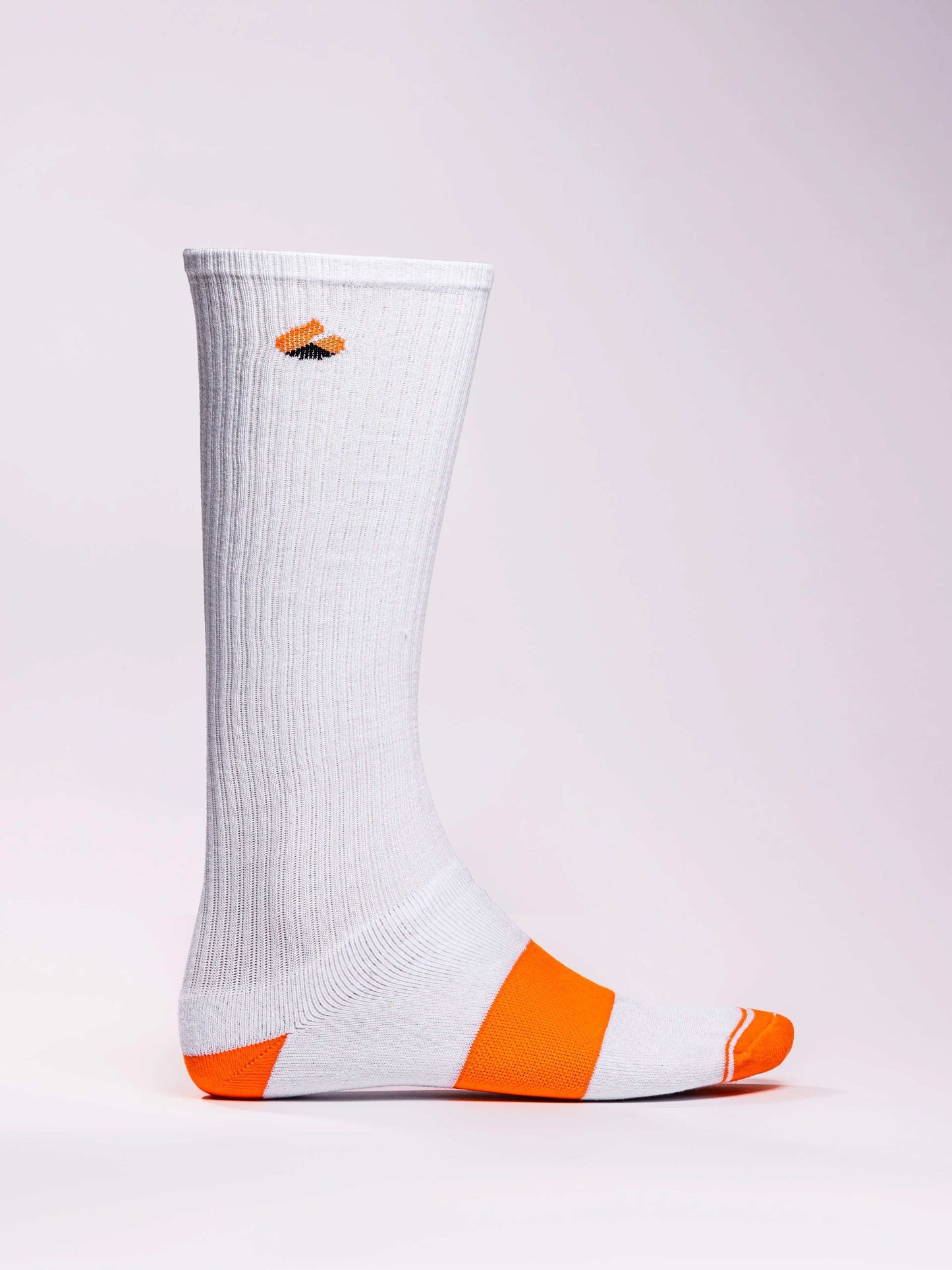 White and orange compression socks made from sustainable bamboo yarn with targeted support zones